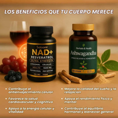 Pack Dúo Ashwagandha + NAD+Resveratrol – Stop envejecimiento, recupera tu fuerza 🔥