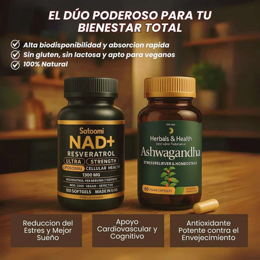 Pack Dúo Ashwagandha + NAD+Resveratrol – Stop envejecimiento, recupera tu fuerza 🔥